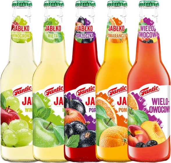 Niegazowane napoje owocowe Fantic w szklanych butelkach — jabłko z winogronem, miętą, porzeczką, pomarańczą i wieloowocowy